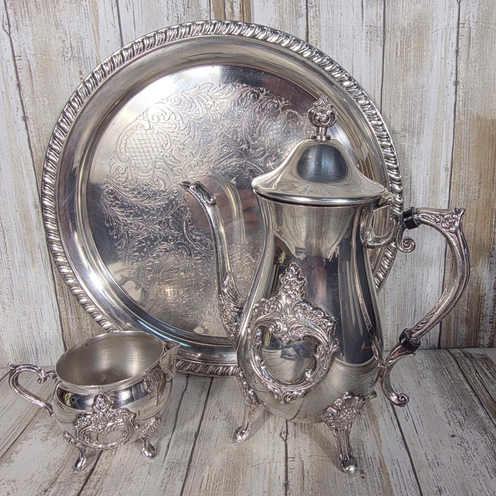 Leonard Silver Plated Tea Set 3pc Ornate Teapot Creamer and Etched Serving Tray - Picture 6 of 16